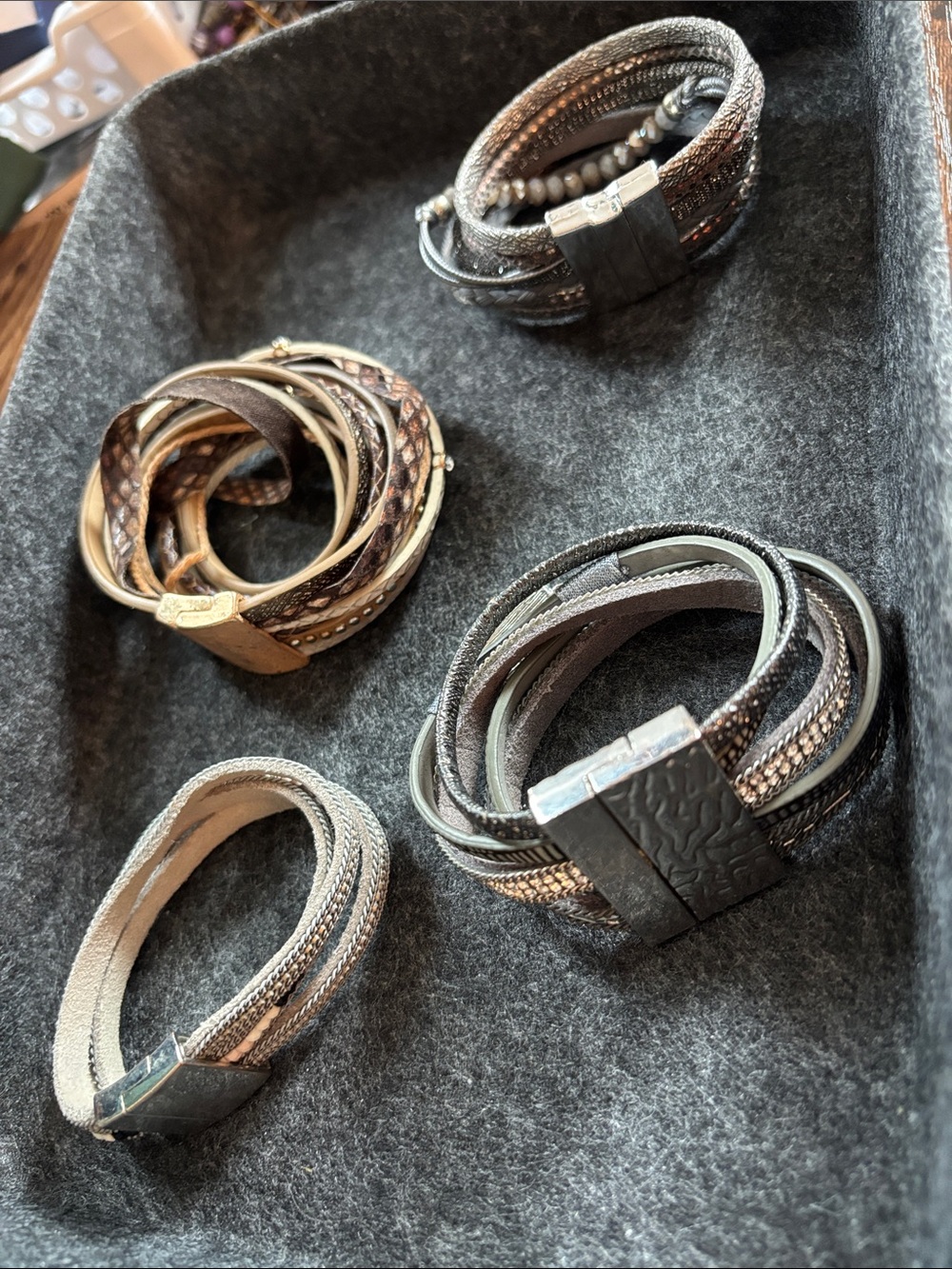 Multi-Strand Grey Leather Wrap Bracelet with Magnetic Clasp - Set of Four